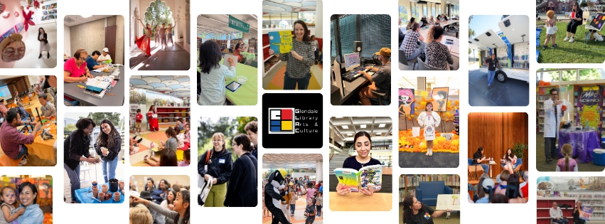 Collage of vertical images showing various people at activities at the library, including programs and performances, reading, and viewing art.