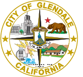 Round City seal for the City of Glendale, California. Quadrants feature the California bear, a home, a power plant, and civic buildings.