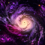 Galaxy in pink and purple with a glowing yellow center.