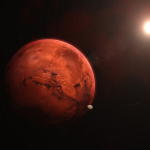 Mars and one of its moons with sun in background.